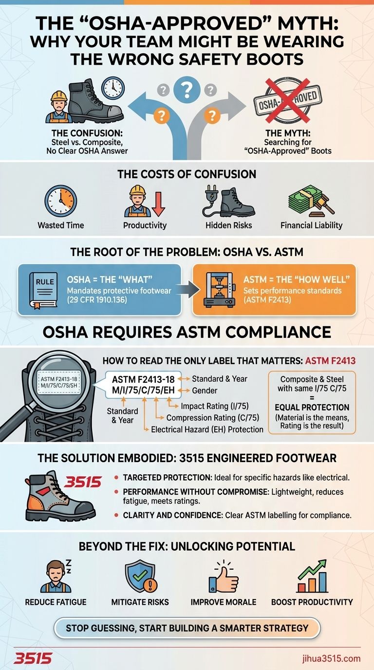 أسطورة "الموافقة من OSHA": لماذا قد يرتدي فريقك أحذية السلامة الخاطئة دليل مرئي