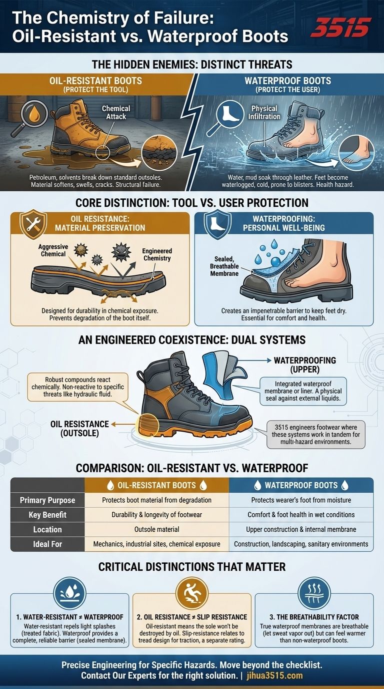La química del fracaso: por qué las botas resistentes al aceite e impermeables resuelven problemas fundamentalmente diferentes Guía Visual
