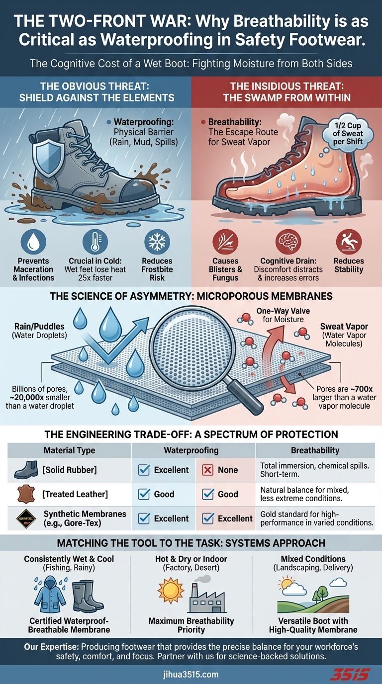 La guerre sur deux fronts : pourquoi la respirabilité est aussi essentielle que l'imperméabilité dans les chaussures de sécurité Guide Visuel