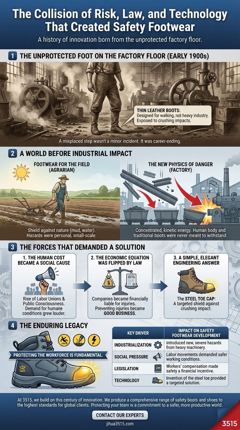 Oltre l'acciaio: la collisione tra rischio, legge e tecnologia che ha creato le calzature di sicurezza Guida Visiva