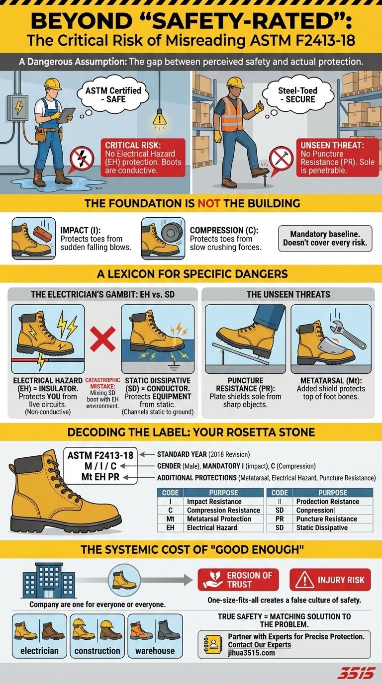 Além de 'Classificado para Segurança': Por que a Interpretação Incorreta da Norma ASTM F2413-18 Cria Riscos Críticos Guia Visual