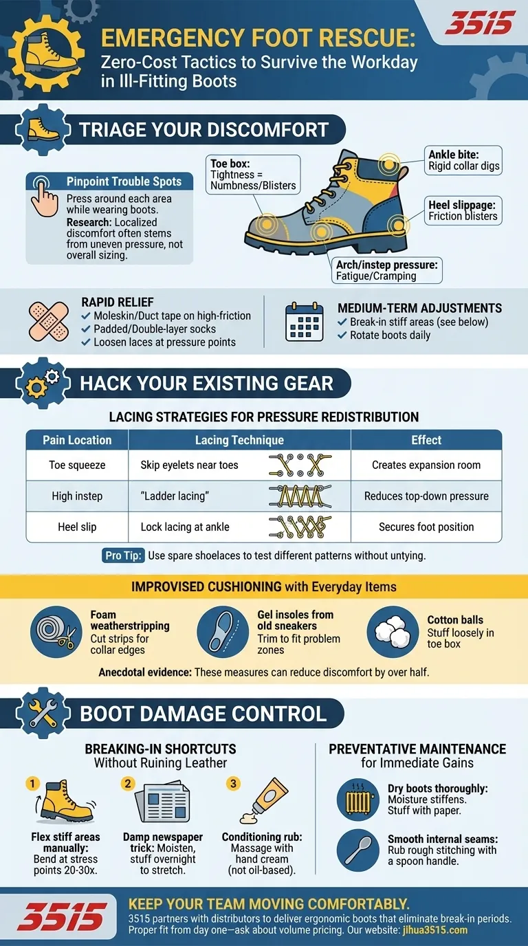 Soccorso d'emergenza per i piedi: tattiche a costo zero per sopravvivere alla giornata lavorativa con stivali che non calzano bene Guida Visiva
