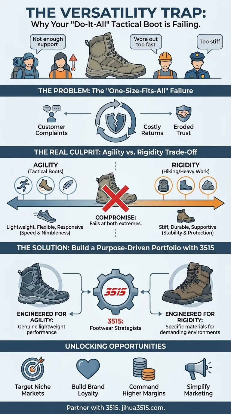 A Armadilha da Versatilidade: Por Que Sua Bota Tática "Faz-Tudo" Está Decepcionando Seus Clientes Guia Visual