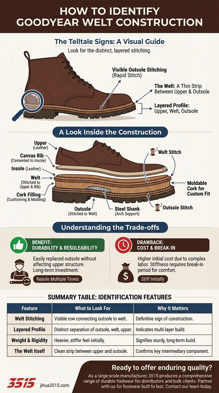 Comment identifier la construction Goodyear welt sur des chaussures ? Recherchez les coutures caractéristiques de la trépointe. Guide Visuel