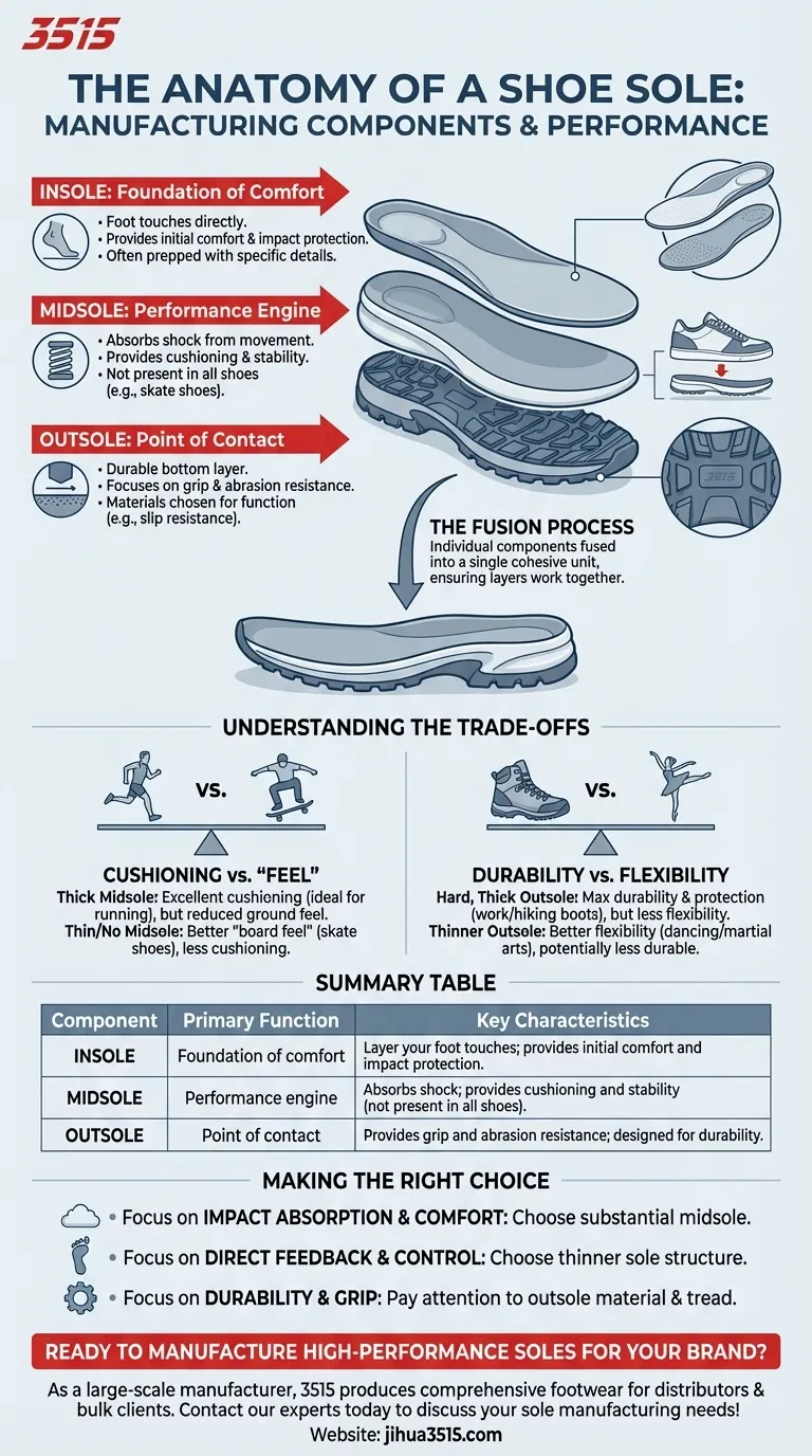 Quels sont les principaux composants créés lors du processus de fabrication de la semelle de chaussure ? La semelle intérieure, la semelle intermédiaire et la semelle extérieure expliquées Guide Visuel