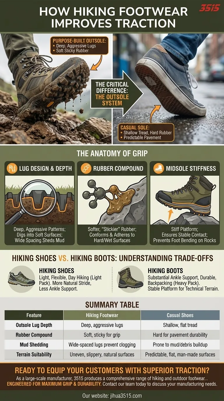 Wie verbessern Wanderschuhe oder Stiefel die Traktion im Vergleich zu Freizeitschuhen? Meistere unebenes Gelände Visuelle Anleitung