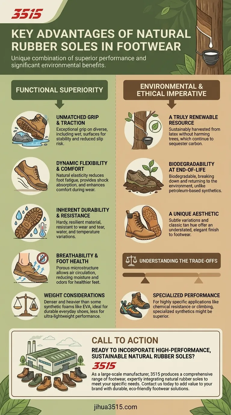 Quels sont les principaux avantages de l'utilisation de semelles en caoutchouc naturel dans les chaussures ? Adhérence supérieure, confort et durabilité Guide Visuel