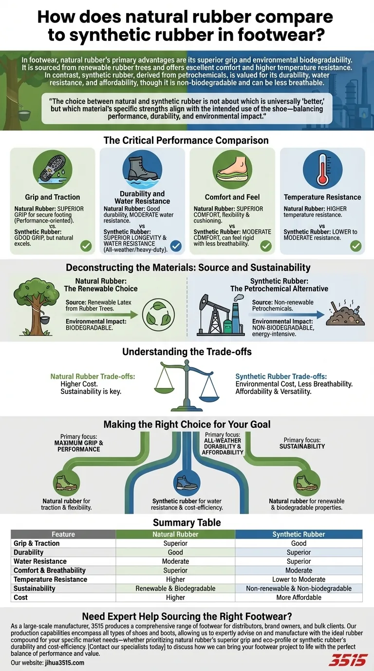 Come si confronta la gomma naturale con la gomma sintetica nelle calzature? Una guida all'aderenza, alla durata e alla sostenibilità Guida Visiva