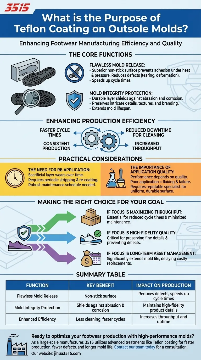 Quel est le but du revêtement en Téflon sur les moules de semelles extérieures ? Améliorer la production et protéger les moules Guide Visuel