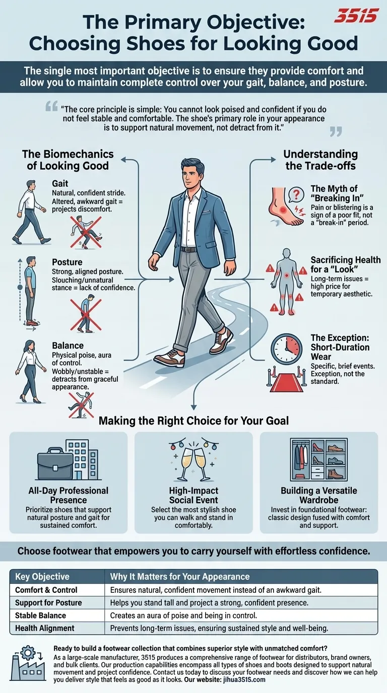 스타일을 좋게 보이게 하기 위해 신발을 선택할 때 주요 목표는 무엇인가야? 편안함과 완벽한 스타일을 동시에 달성하세요 시각적 가이드