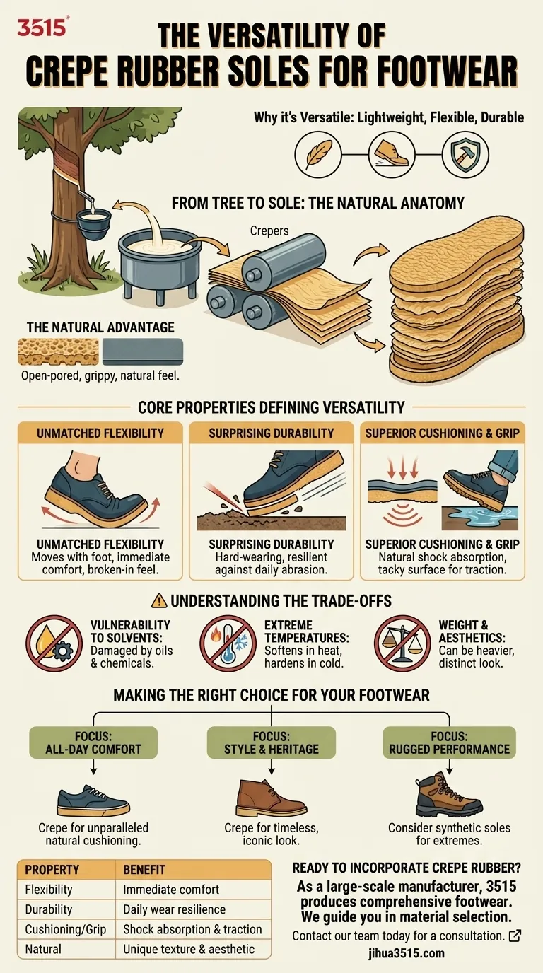 Pourquoi le caoutchouc crêpe est-il considéré comme polyvalent pour les semelles de chaussures ? Léger, souple et durable Guide Visuel