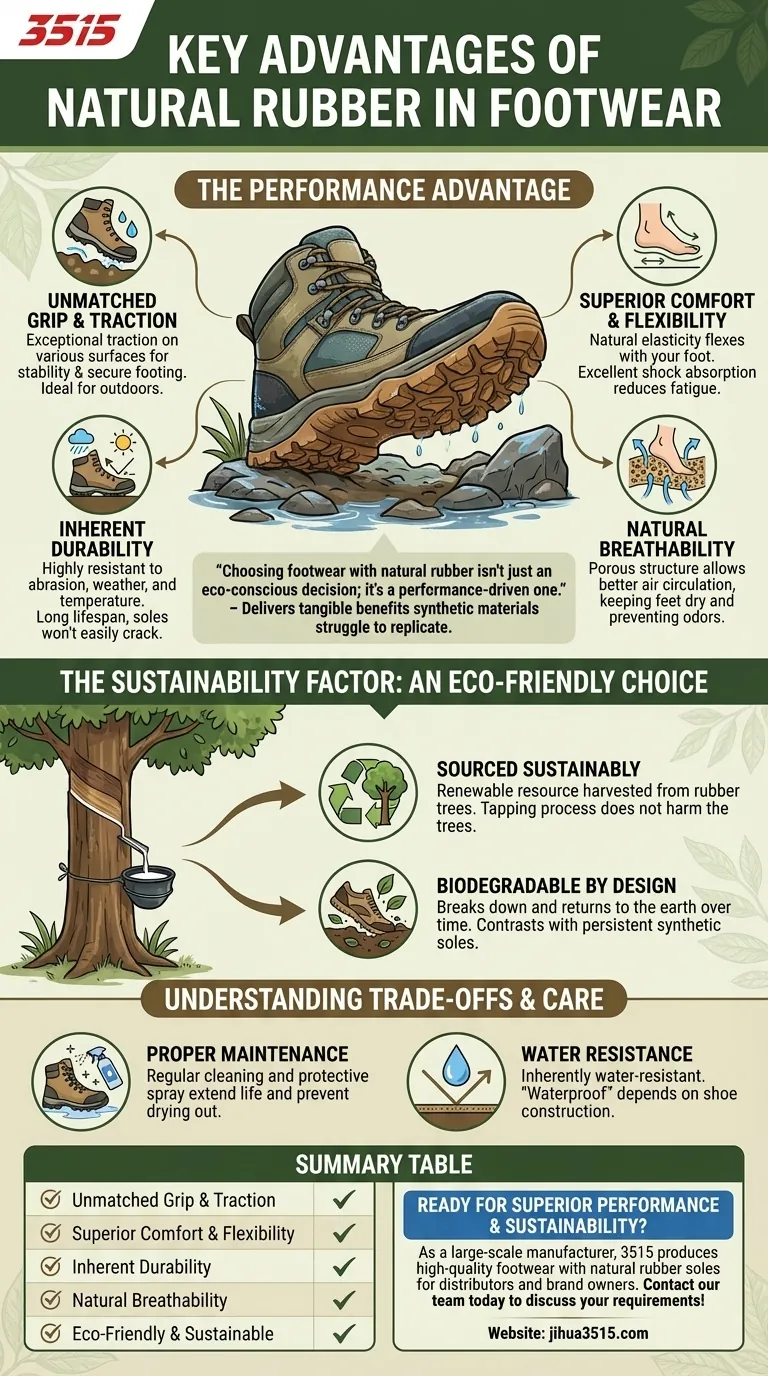 Quels sont les principaux avantages de l'utilisation du caoutchouc naturel dans les chaussures ? Adhérence supérieure, confort et respect de l'environnement Guide Visuel