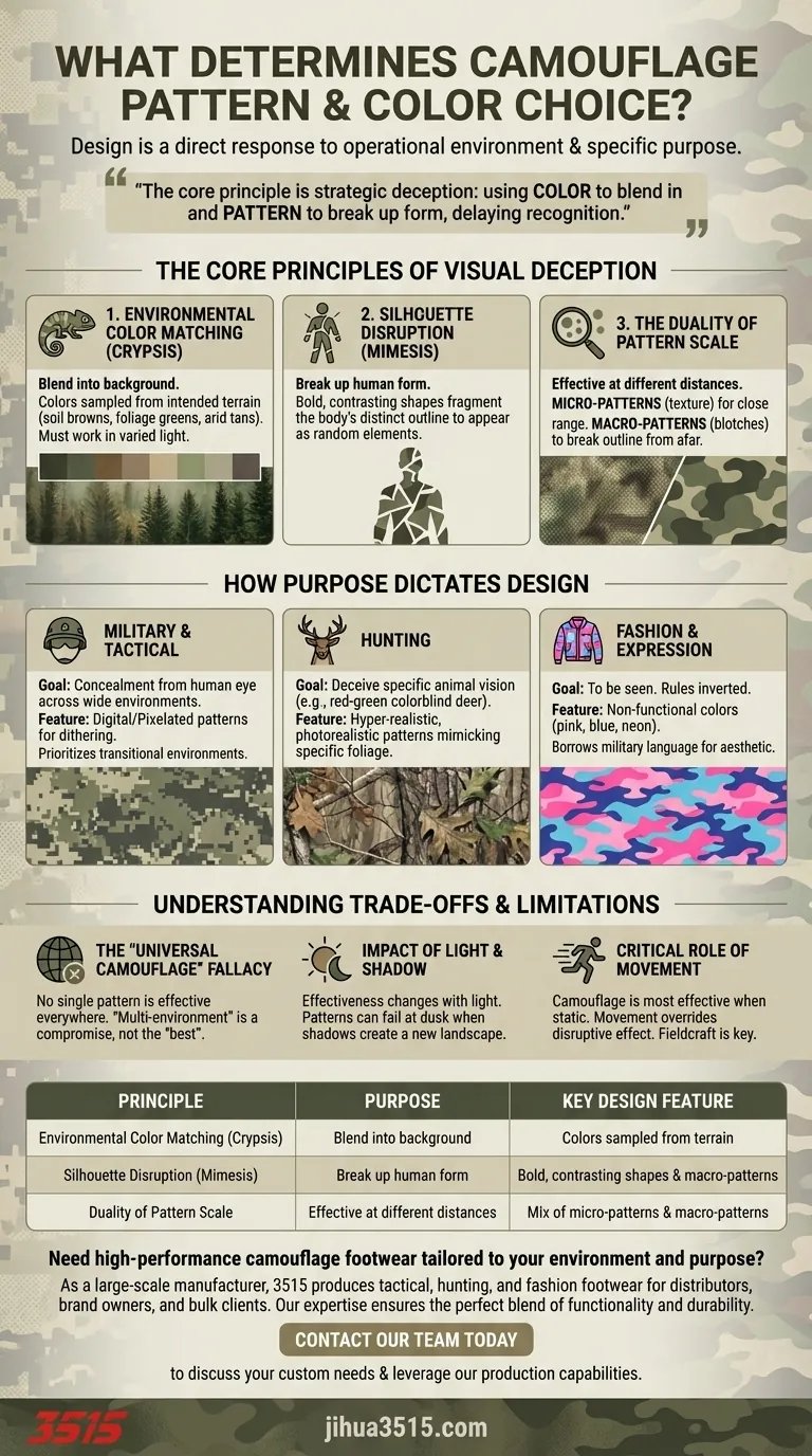 Qu'est-ce qui détermine le choix des motifs ou des couleurs dans les tissus de camouflage ? Maîtriser l'art de la tromperie visuelle Guide Visuel