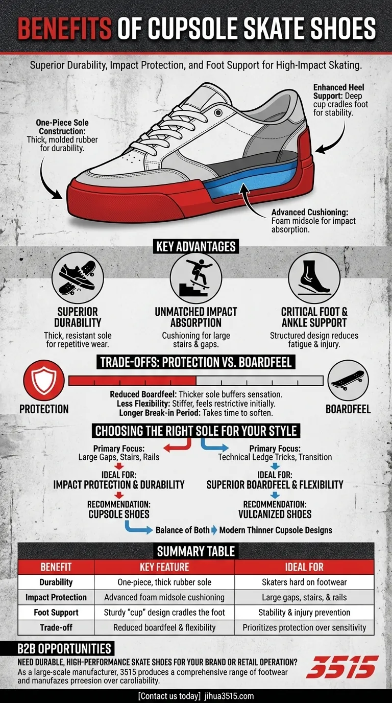 Quels sont les avantages des chaussures de skate à semelle cupsole ? Protection supérieure contre les impacts pour le skateboard à fort impact Guide Visuel