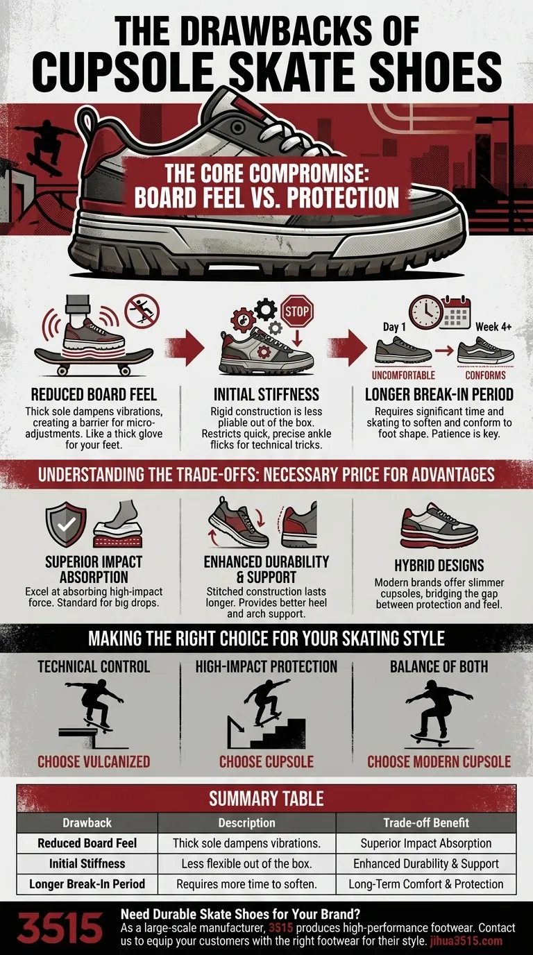 Quels sont les inconvénients des chaussures de skate à semelle cupsole ? Rigidité, Moins de ressenti de la planche et période d'adaptation plus longue Guide Visuel