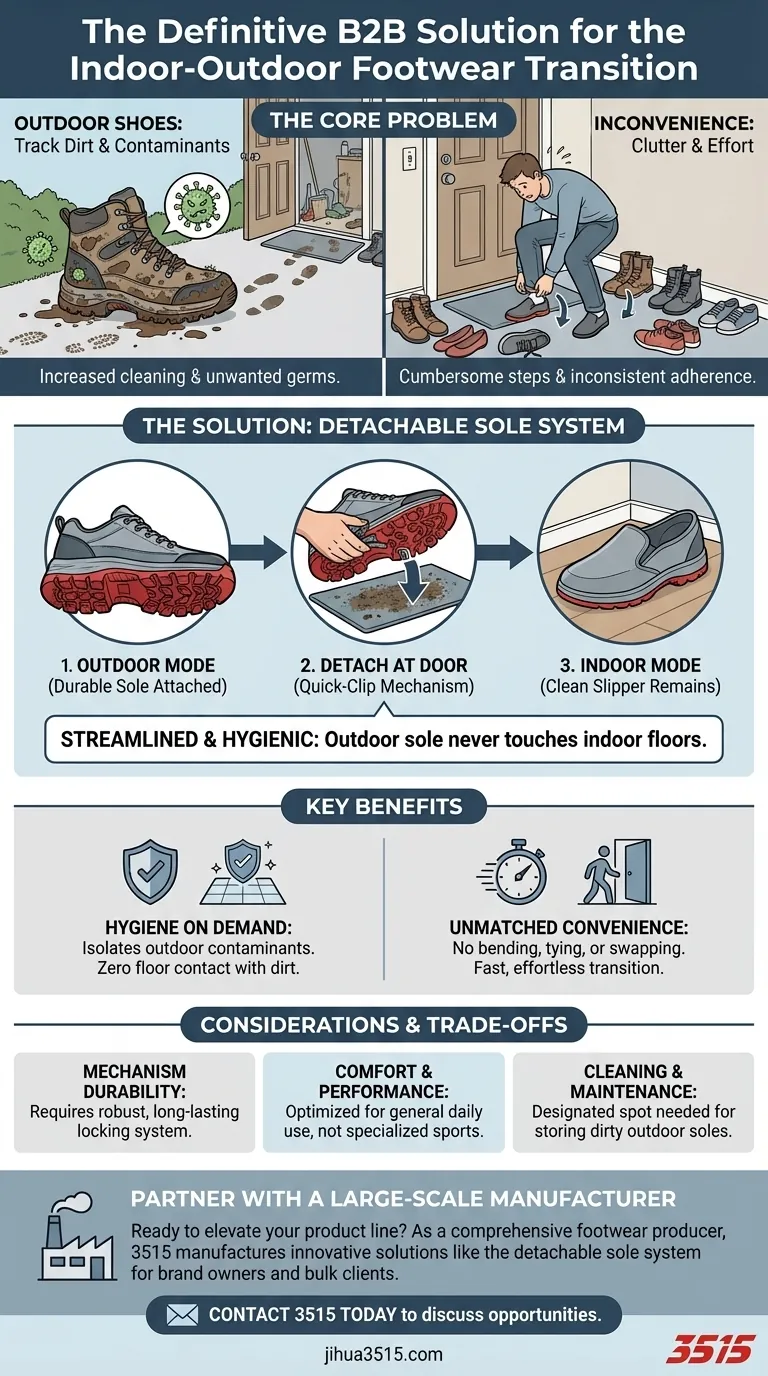 Qual è una soluzione conveniente per passare dalle calzature da esterno a quelle da interno? Scopri il sistema di scarpe ibride Guida Visiva
