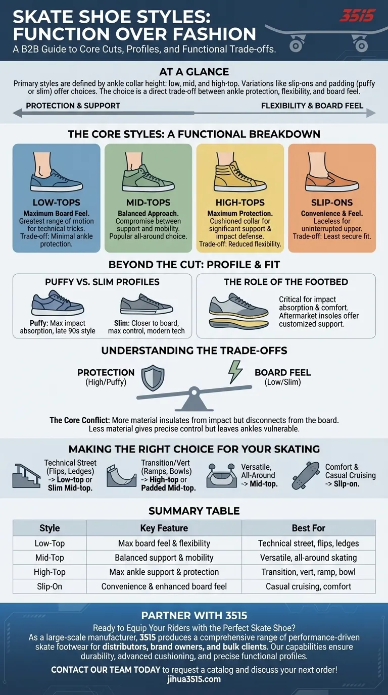 다양한 스케이트보드 신발 스타일은 무엇인가요? 로우탑, 미드탑, 하이탑 가이드 시각적 가이드