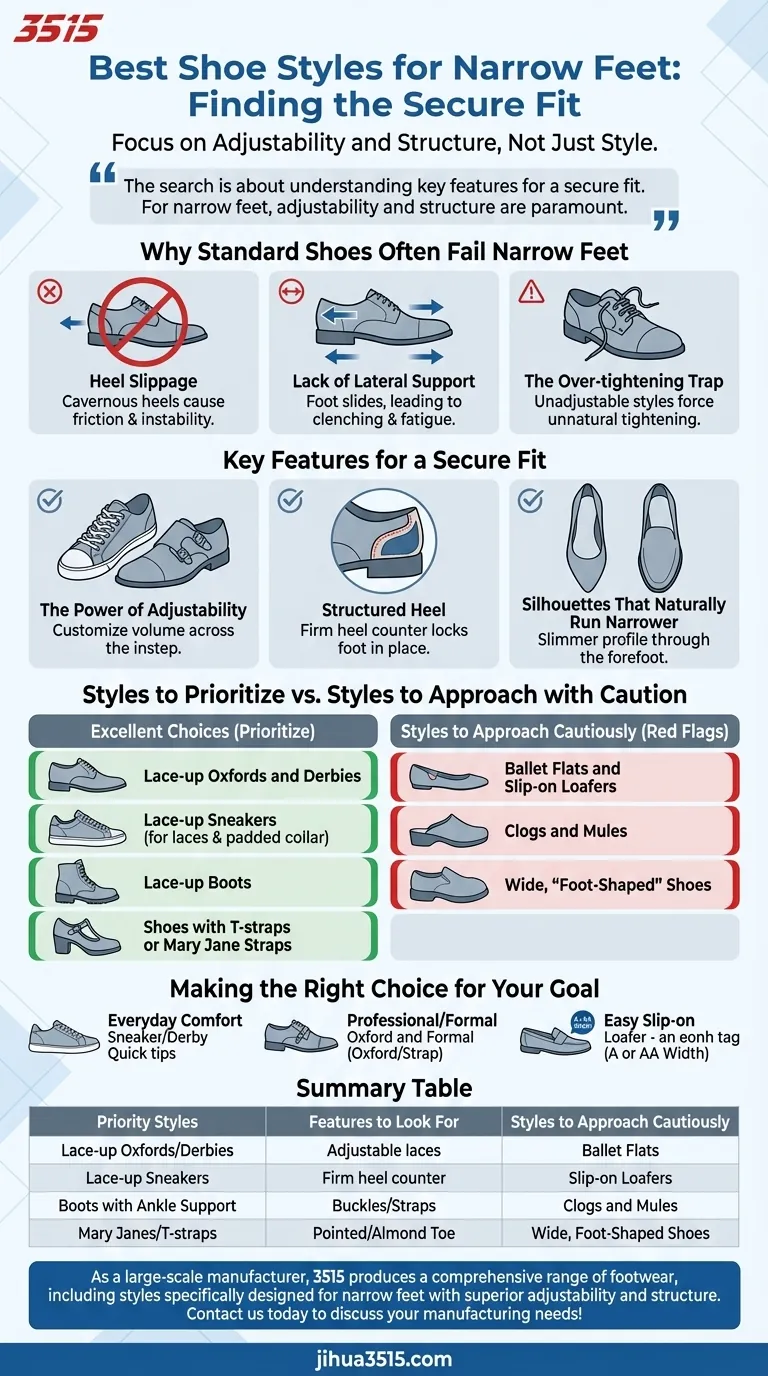 細い足に最適な靴のスタイルは何ですか？ 細い足に合わせた、しっかりとしたカスタムフィットを見つける ビジュアルガイド