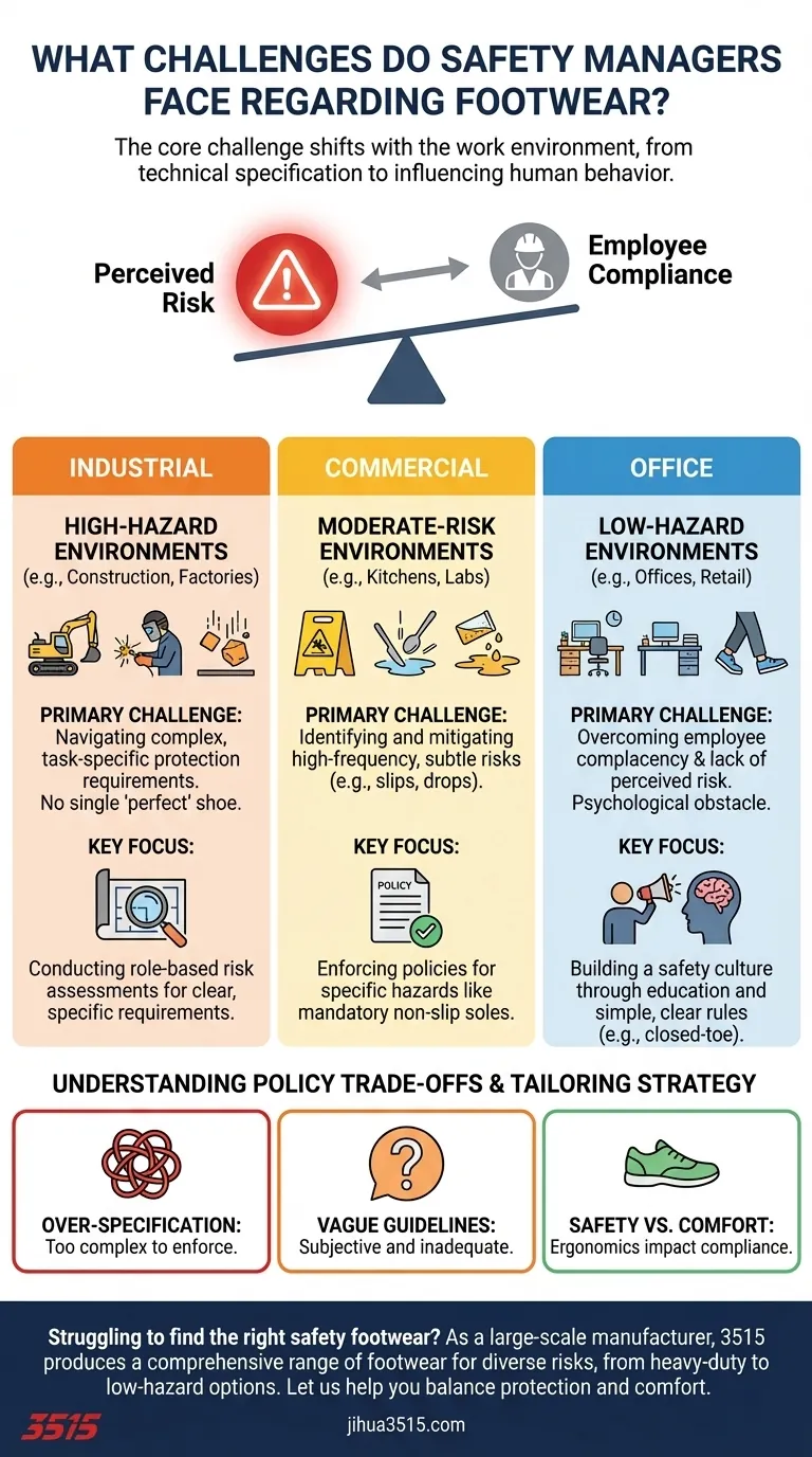 What challenges do safety managers face in different work environments regarding footwear? Tailor Your Strategy for Any Risk Level Visual Guide