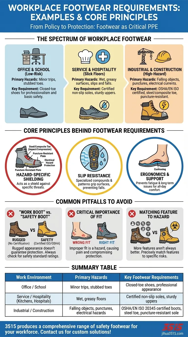Quali sono alcuni esempi di requisiti per le calzature in diversi contesti lavorativi? Garantire sicurezza e conformità Guida Visiva
