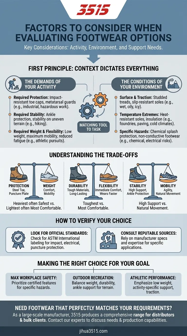 ¿Qué factores se deben considerar al evaluar opciones de calzado? Adapta tus necesidades de seguridad y rendimiento Guía Visual