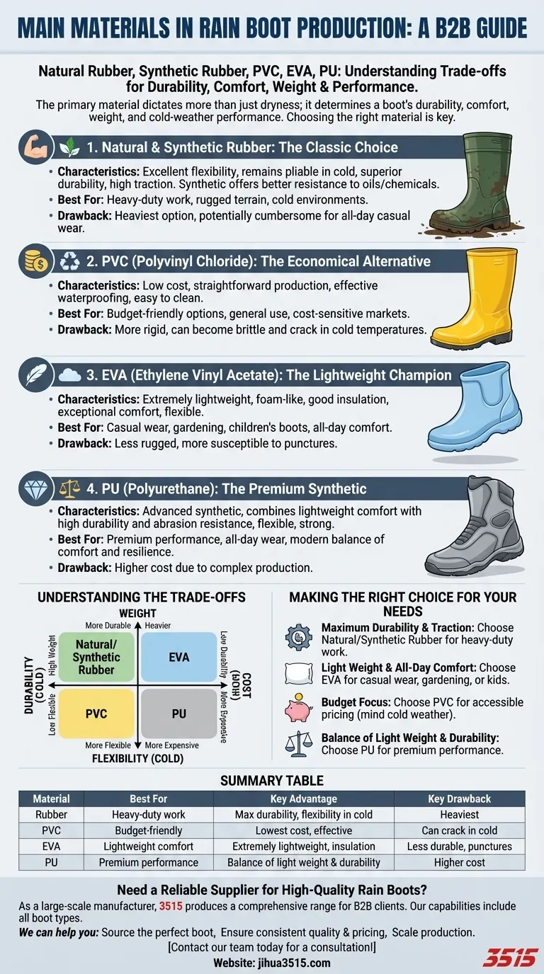 Quali sono i materiali principali utilizzati nella produzione di stivali da pioggia? Una guida alla durata e al comfort Guida Visiva