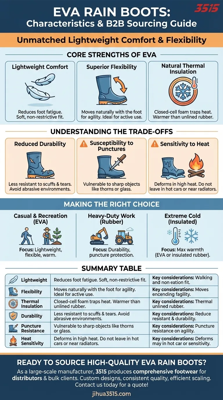 Quelles sont les caractéristiques des bottes de pluie en EVA ? Confort léger pour un usage décontracté et récréatif Guide Visuel