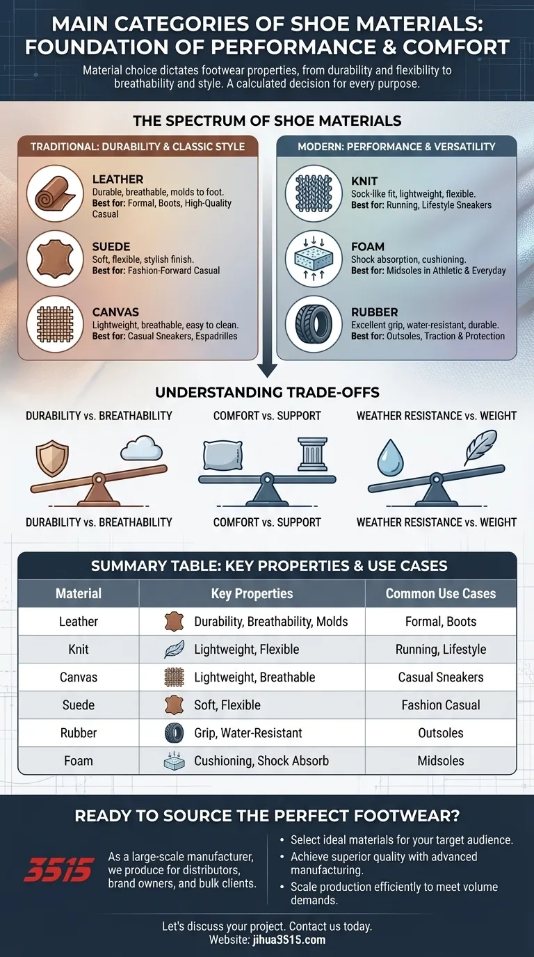 Quali sono le principali categorie di materiali per scarpe? Una guida alla pelle, al tessuto a maglia, alla tela e altro ancora Guida Visiva
