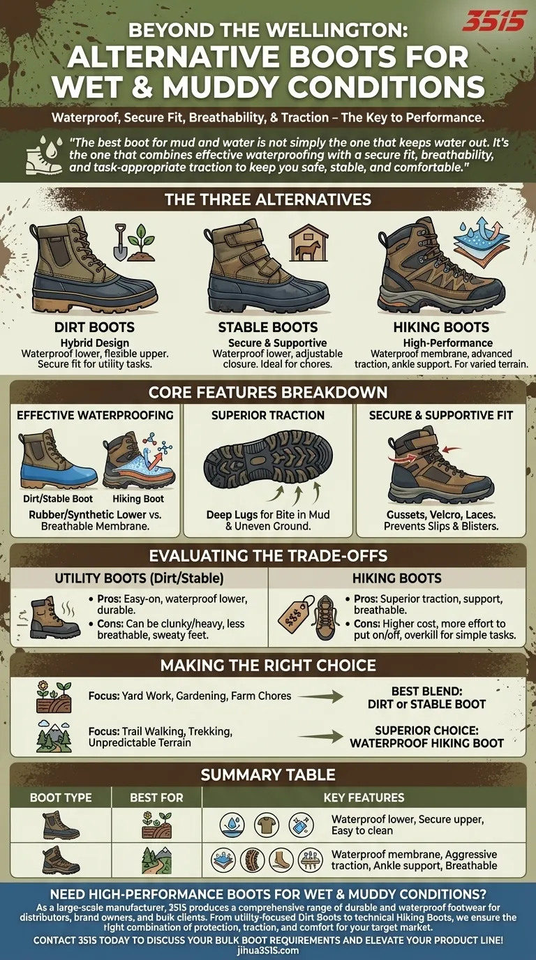 Quels types de bottes alternatifs sont mentionnés pour les conditions humides et boueuses ? Trouvez le meilleur ajustement pour vos besoins Guide Visuel
