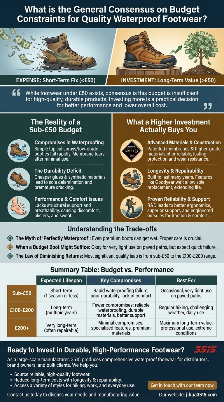 Quel est le consensus général sur les contraintes budgétaires pour des chaussures imperméables de qualité ? Investir davantage pour une valeur à long terme Guide Visuel