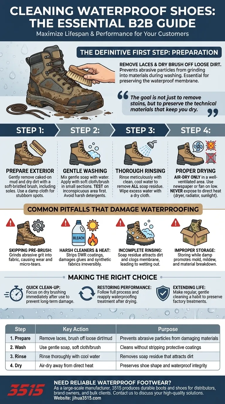 Quelle est la première étape pour nettoyer des chaussures imperméables ? Le premier geste crucial pour préserver votre équipement Guide Visuel