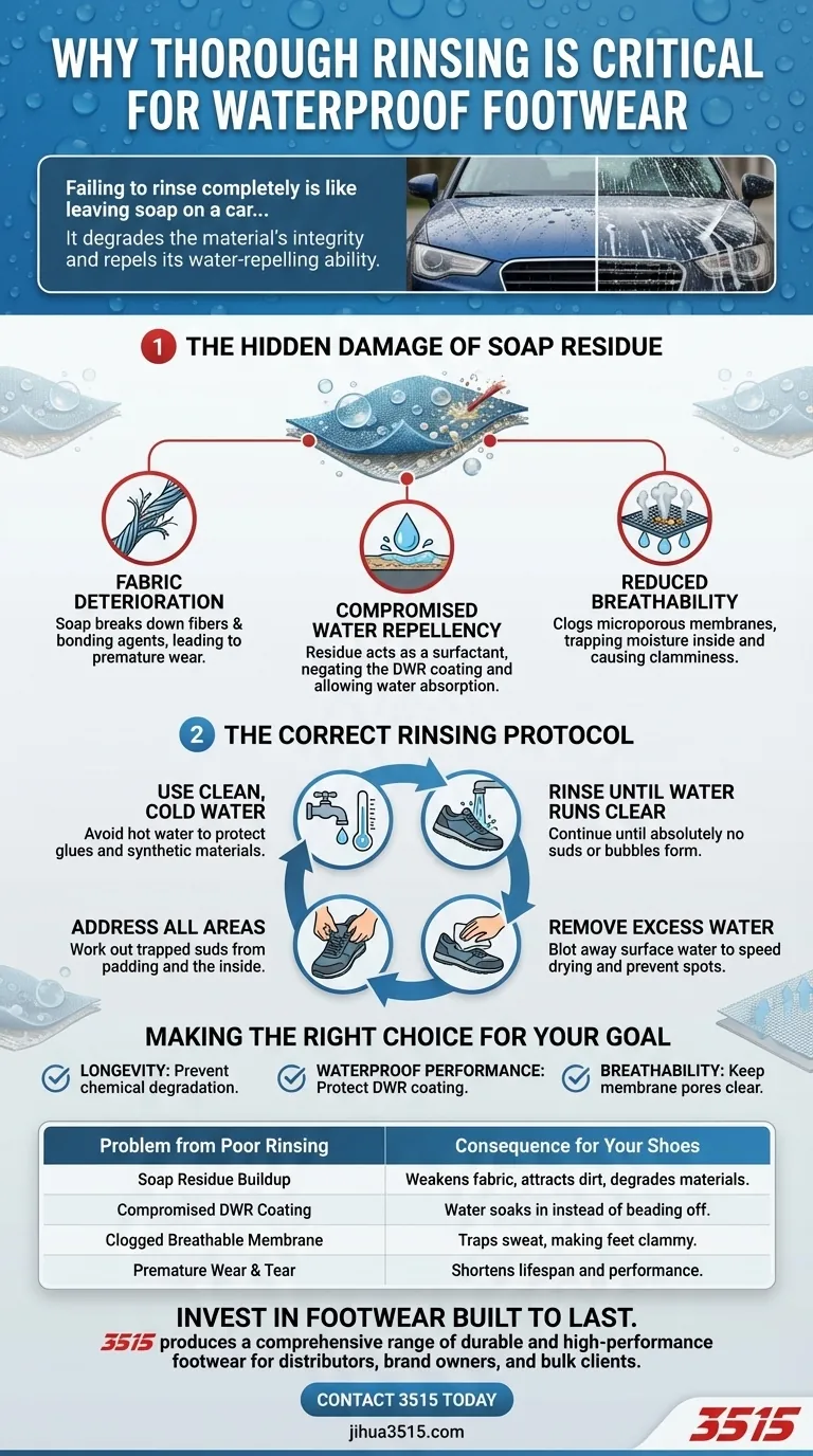 Perché è importante un risciacquo accurato dopo aver lavato scarpe impermeabili? Preserva le prestazioni e la longevità Guida Visiva