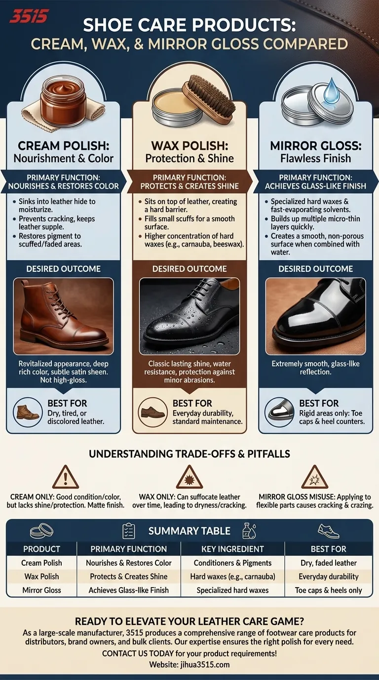 Quelles sont les différences entre le cirage, le lustrant miroir et le cirage crème ? Maîtriser l'art de l'entretien du cuir Guide Visuel