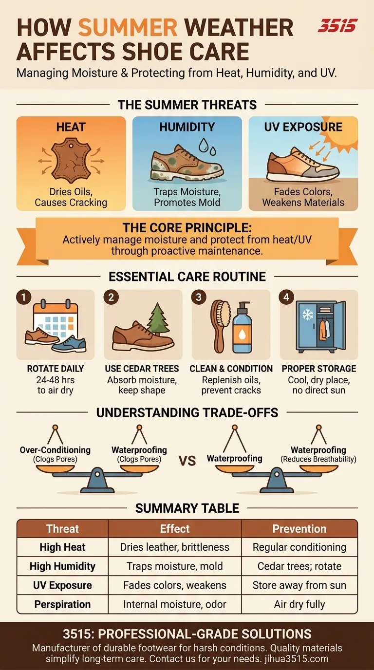 Comment le temps estival affecte-t-il l'entretien des chaussures ? Protégez vos chaussures de la chaleur, de l'humidité et des dommages causés par les UV Guide Visuel