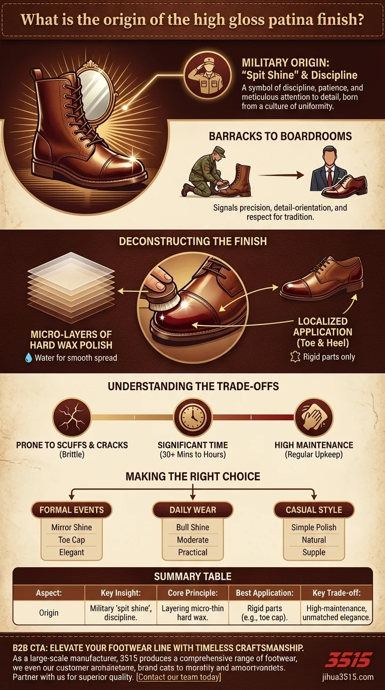 Quelle est l'origine de la finition patinée très brillante ? De la discipline militaire à l'excellence vestimentaire Guide Visuel