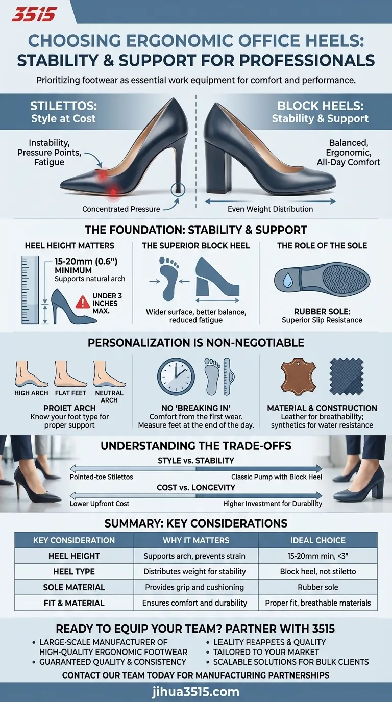 Cosa considerare quando si scelgono scarpe con tacco per il lavoro d'ufficio? Dare priorità a comfort e stabilità Guida Visiva