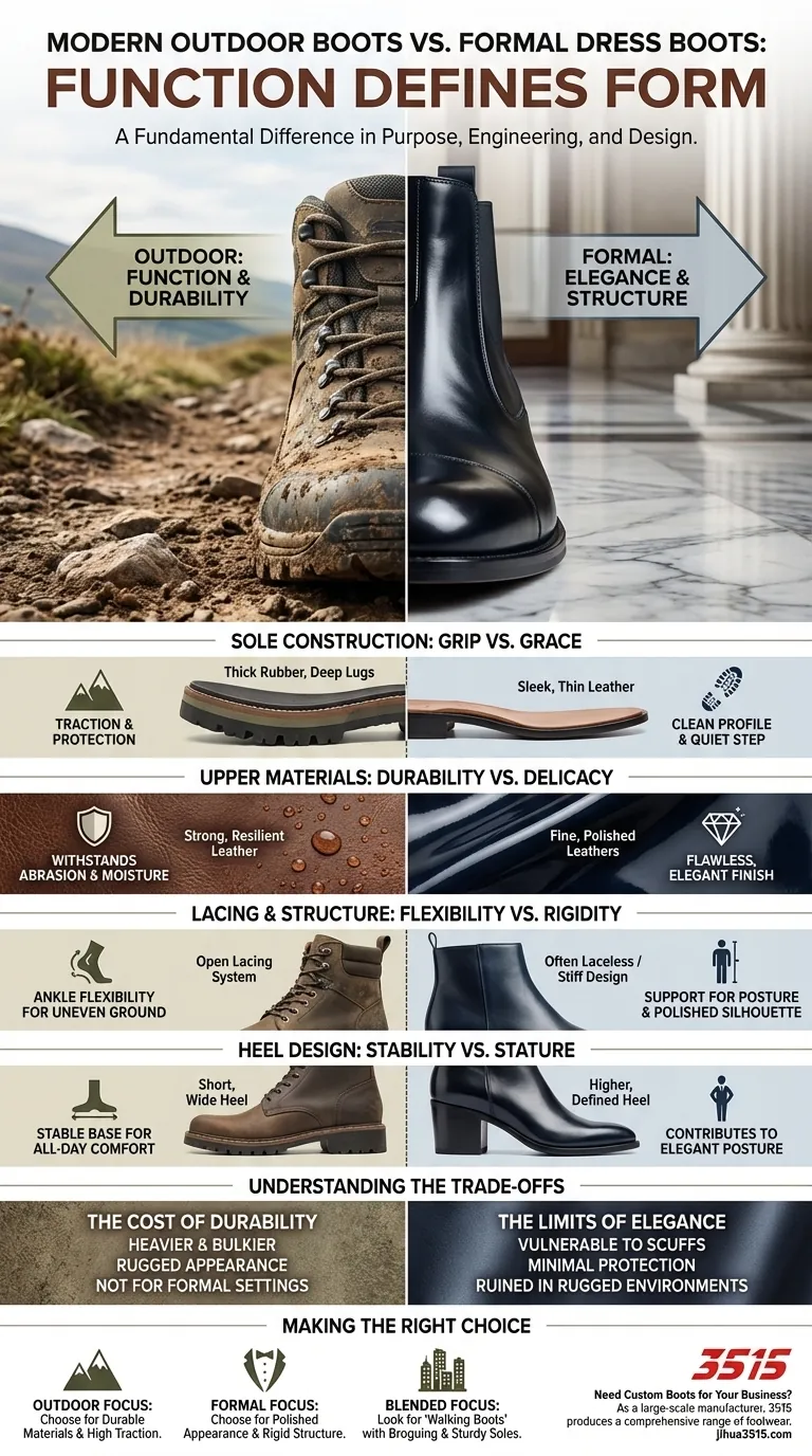 Comment les bottes d'extérieur modernes diffèrent-elles des bottes habillées formelles ? Un guide de la fonction par rapport à la forme Guide Visuel