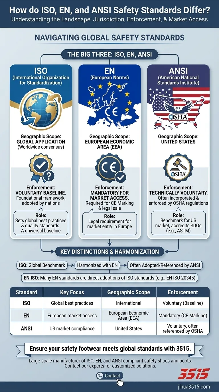 Come differiscono gli standard di sicurezza ISO, EN e ANSI? Navigare la conformità globale per l'accesso al mercato Guida Visiva