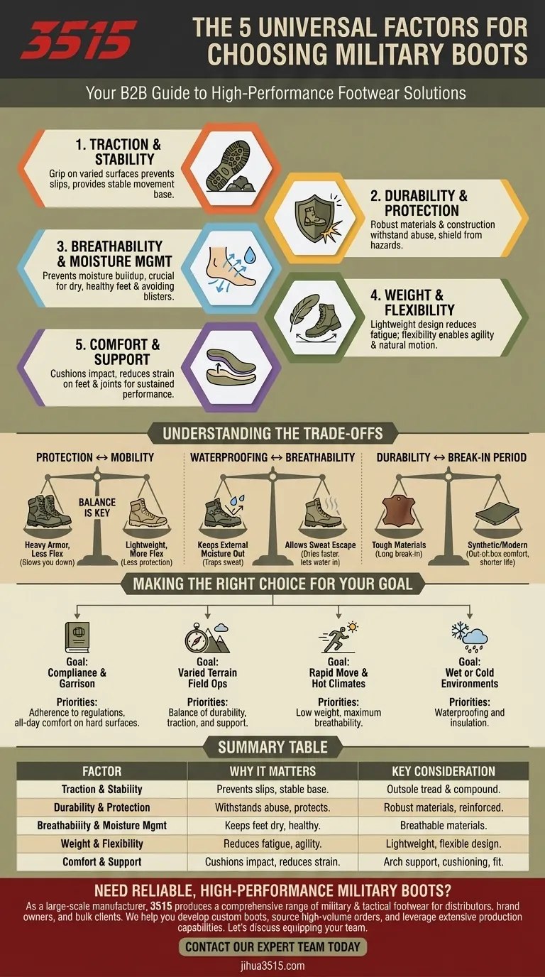 Quais são os cinco fatores universais a serem considerados ao escolher botas militares? Garanta Desempenho e Proteção Máximos Guia Visual
