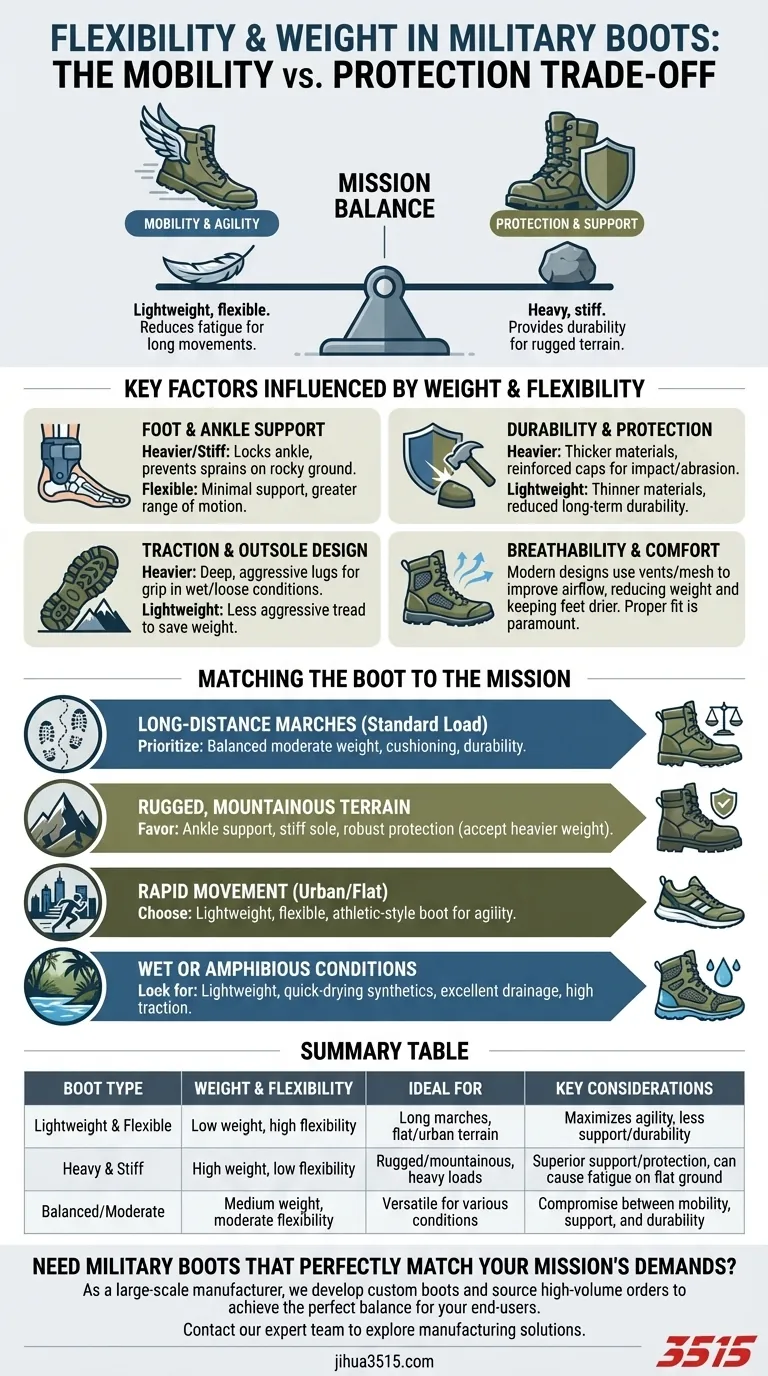 ¿Qué se debe considerar en cuanto a flexibilidad y peso en las botas militares? Equilibrio entre movilidad y protección Guía Visual