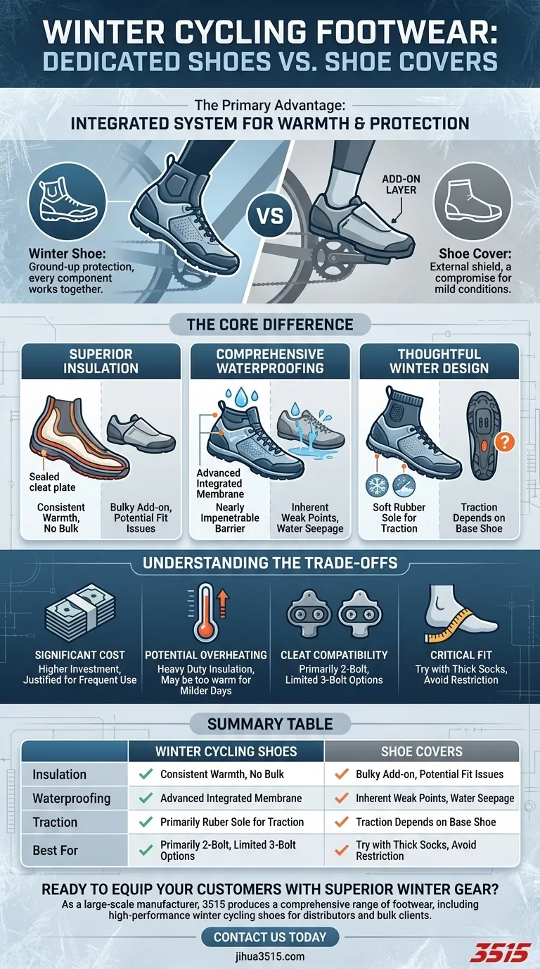 Quels sont les avantages des chaussures de cyclisme spécifiques à l'hiver ? Protection supérieure par rapport aux couvre-chaussures Guide Visuel