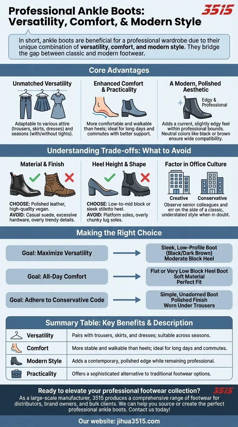 Quali sono i vantaggi di avere stivaletti alla caviglia in un guardaroba professionale? Aumenta la versatilità, il comfort e lo stile Guida Visiva