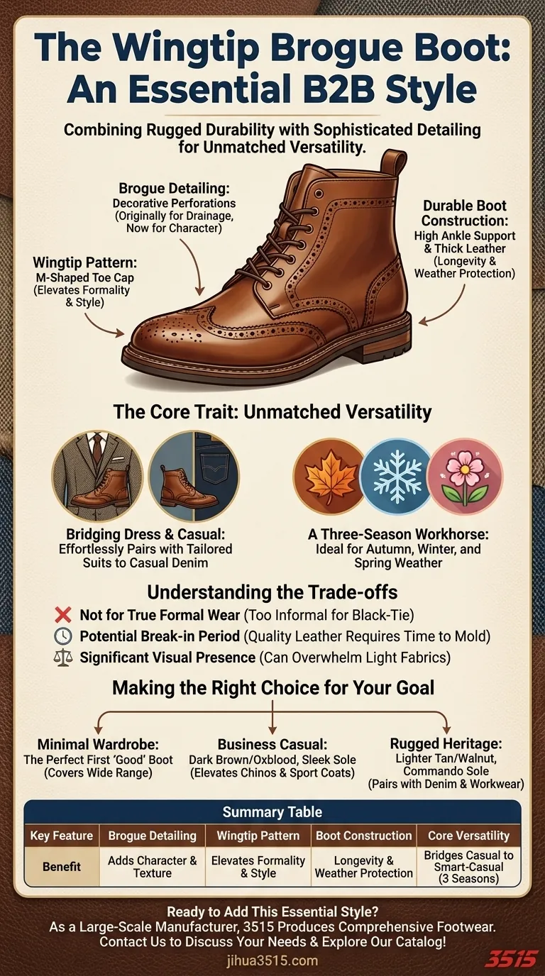 Perché lo stivale brogue con punta alare è uno stile essenziale? Scopri la calzatura versatile per eccellenza Guida Visiva