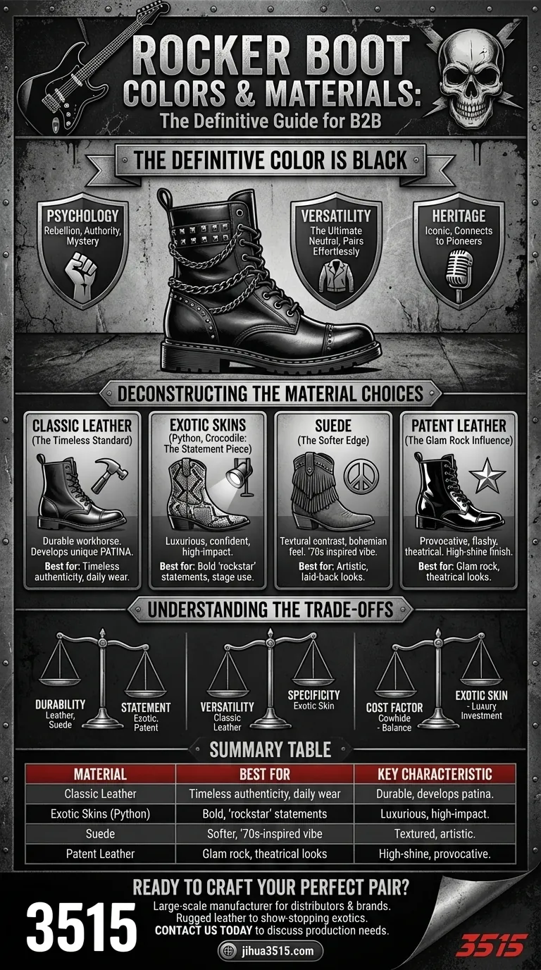 Quelles sont les couleurs ou les matériaux recommandés pour les bottes de rocker ? Construisez votre style signature Guide Visuel