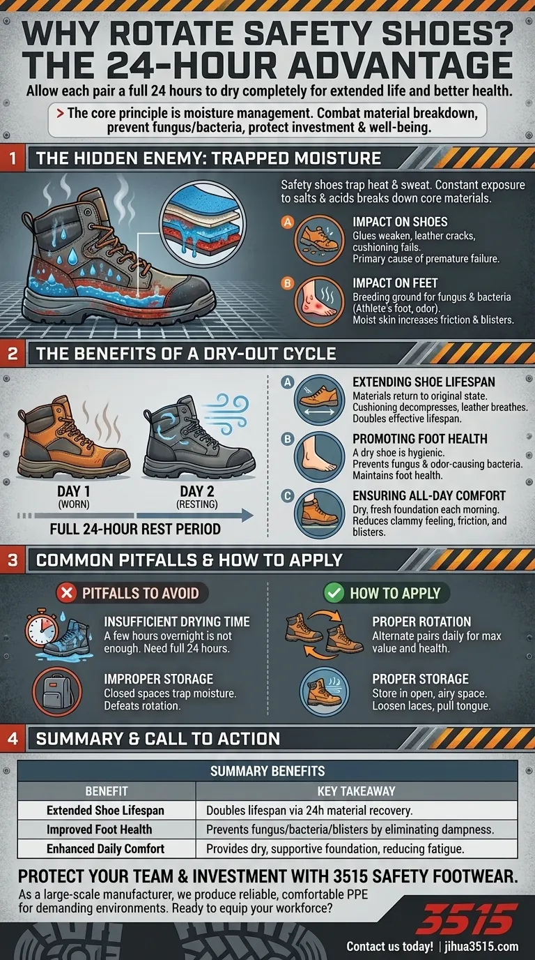 لماذا يُعد التناوب بين زوجين من أحذية السلامة مفيدًا؟ إطالة العمر الافتراضي وتعزيز صحة القدم دليل مرئي