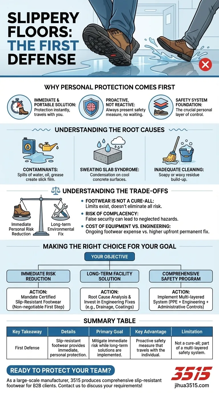 Qual é a primeira defesa recomendada contra pisos escorregadios? Calçado Antiderrapante para Segurança Imediata Guia Visual