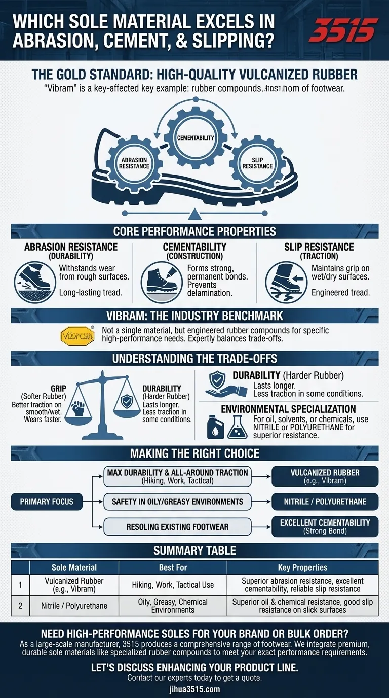 Quel matériau de semelle offre d'excellentes performances en termes d'abrasion, de cimentation et de glissement ? Découvrez la solution haute performance Guide Visuel