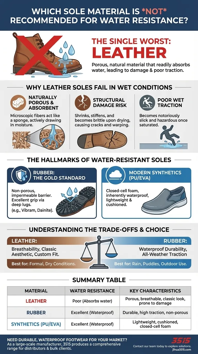 Which sole material is not recommended for water resistance? Avoid Leather for Wet Conditions Visual Guide