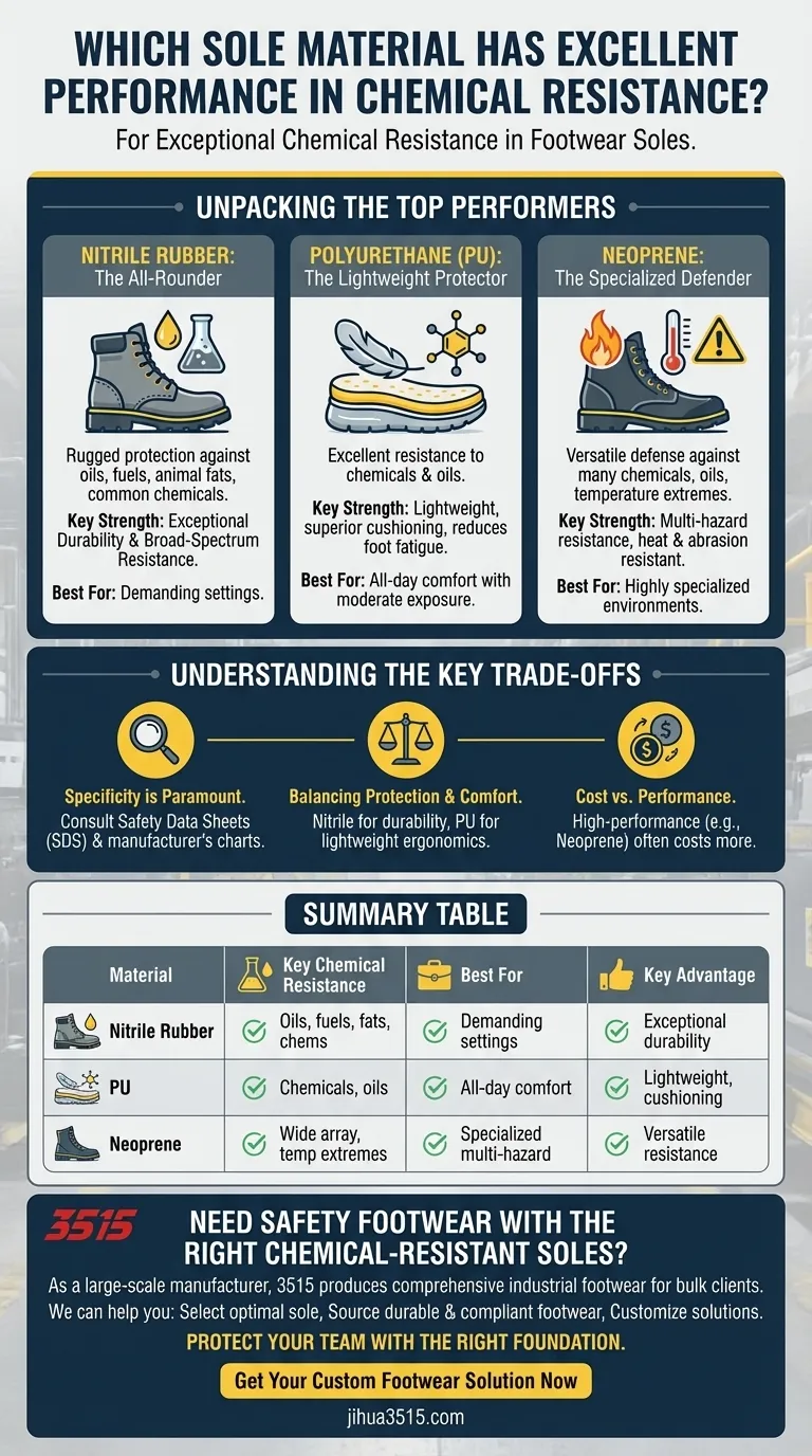 Quel matériau de semelle offre d'excellentes performances en matière de résistance chimique ? Choisissez la protection adaptée à votre lieu de travail Guide Visuel
