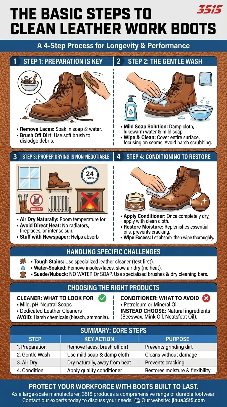 Quelles sont les étapes de base pour nettoyer des bottes de travail en cuir ? Un guide en 4 étapes pour préserver votre investissement Guide Visuel